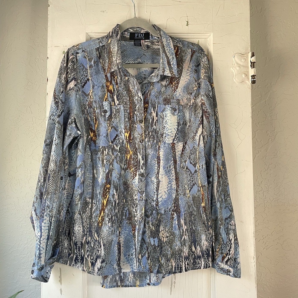 FDJ French Dressing Jeans Blue Snakeskin Print Button Down Blouse Womens Size 12